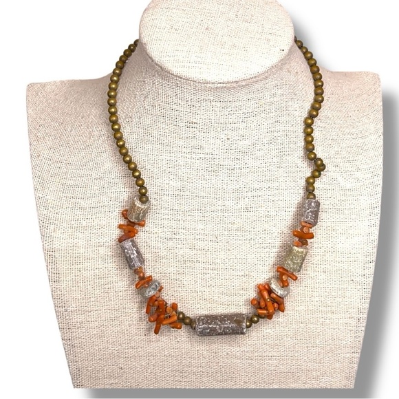 Beaded Necklace Vintage 90s Boho Bohemian Orange Red Bronze Look - Picture 1 of 5